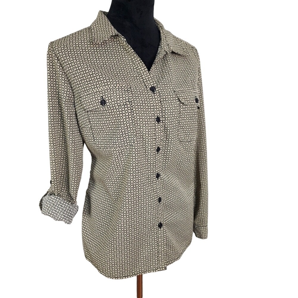 KIM ROGERS Petite Size Large Beige Button Up Roll Tab Sleeve Camp Business Top